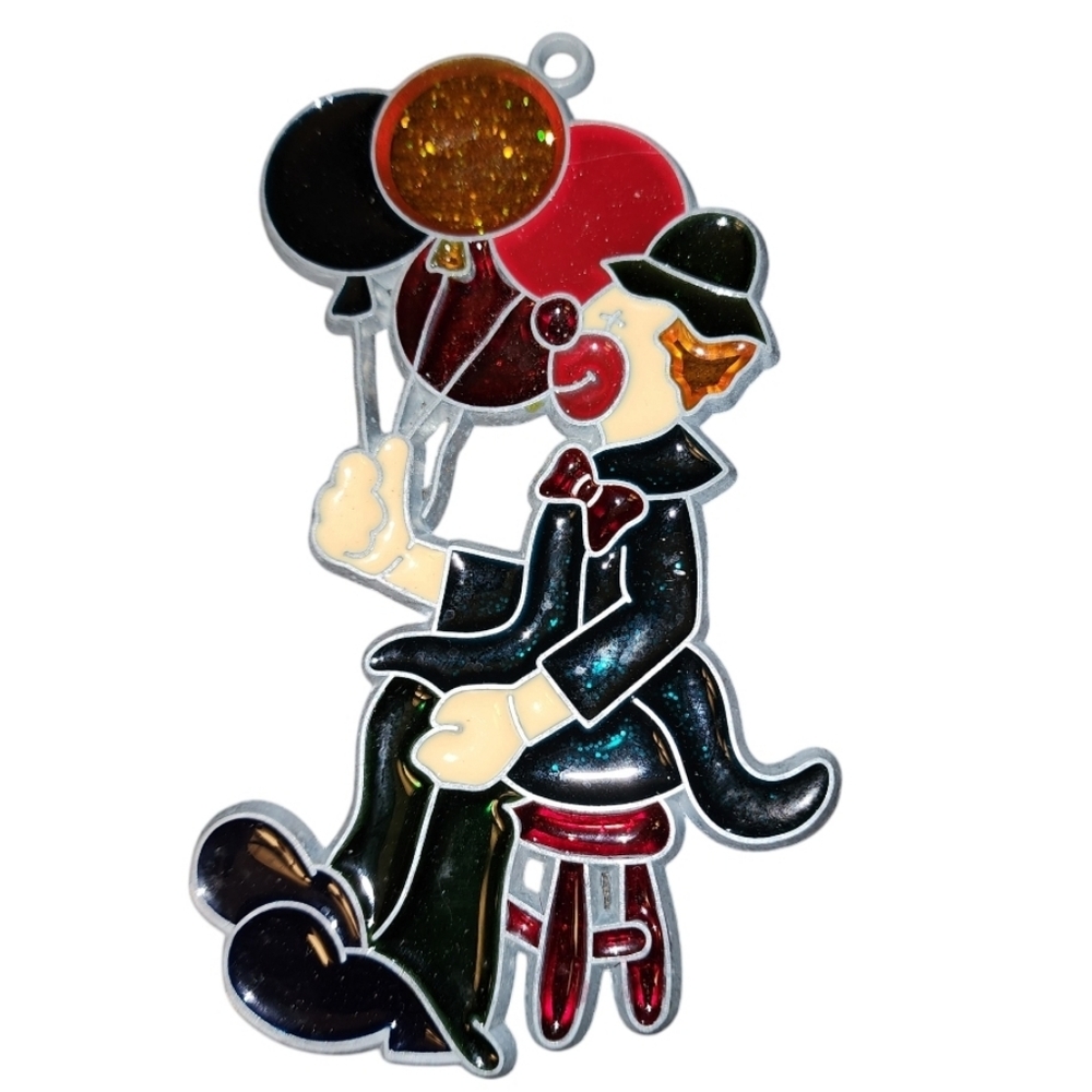 Vntg Handmade Stained Glass Clown Holding Colorful Balloons Suncatcher Ornament